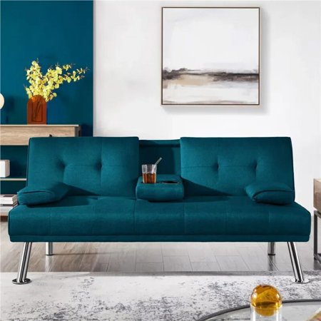 Easyfashion Convertible Futon Sofa Bed W/ Chrome Metal Legs & 2 Cup Holders, Aqua Blue living room sets sofa