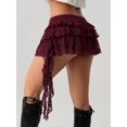 thumbnail image 6 of Maroon Lace Tiered Ruffle Asymmetrical Mini Skirt With Built-In Shorts, 6 of 30