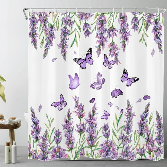 Purple Floral Shower Curtain Purple Lavender and Butterfly on White Shower Curtain for Bathroom, Rustic Flower Plant Shower Curtain Set Durable Fabric and Hooks, 72X72Inches