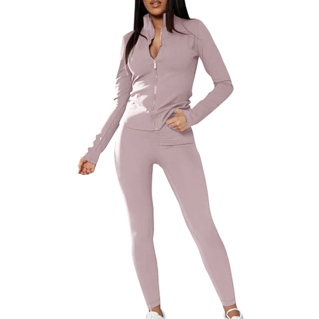 Track Suits for Women Set, Fadeal 2 Piece Sets for Women Slim Zipper Solid Color High Collor Top and Tight Pants Matching Set Athleisure Sets Women Pink M