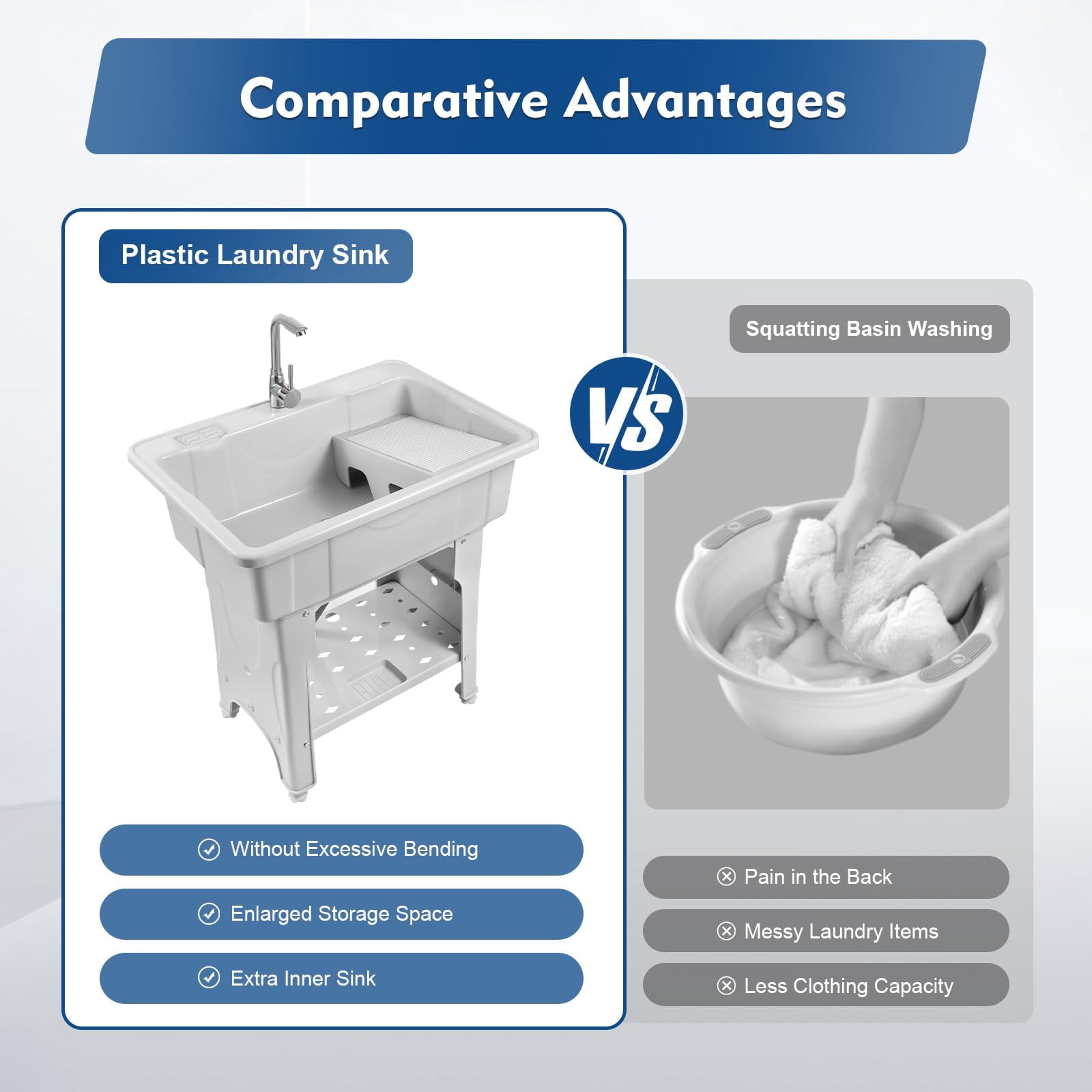 Miumaeov Laundry Sink Freestanding, Plastic Utility Sink with Washboard, Lavadero Portable Tub, Laundry Tub for Basement Garage, Garden Sink with Faucet Drain Kit