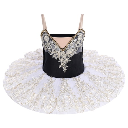 IBTOM CASTLE Girls Ballet Leotards with Platter Tutu Professional Hard Organdy Camisole Skirt Dancewear 13-14 Years White + Black