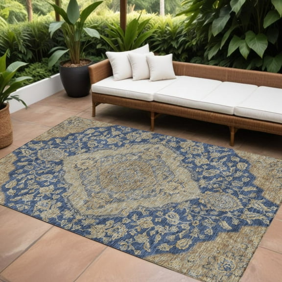 HomeRoots 605258 10 x 14 ft. Navy Blue, Beige & Brown Oriental Washable Indoor & Outdoor Rectangle Area Rug