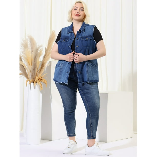 Plus size jean deals jacket with sweater sleeves