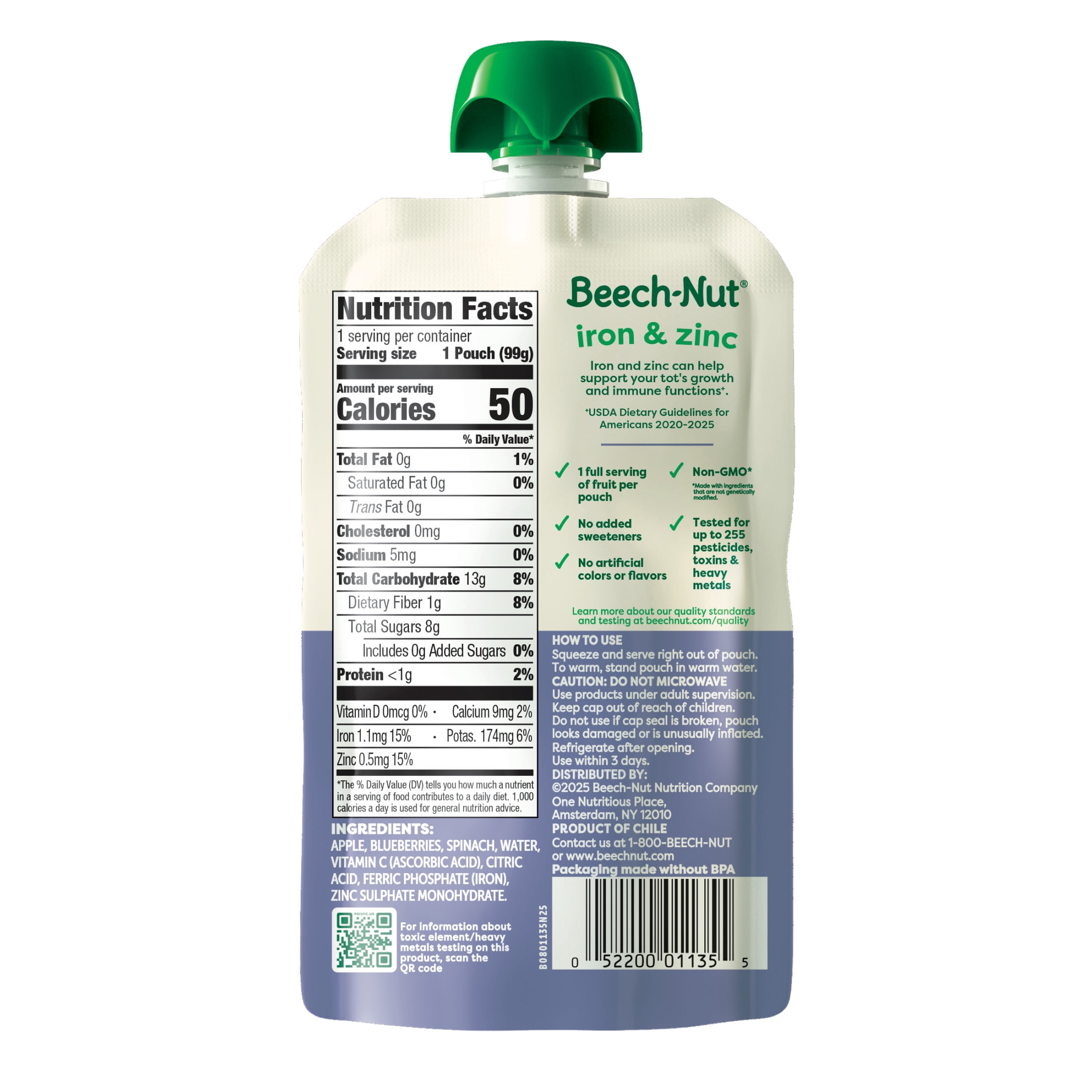 (12 pack) Beech-Nut Iron & Zinc Stage 4 Toddler Food, Apple Blueberry & Spinach, 3.5 oz Pouch