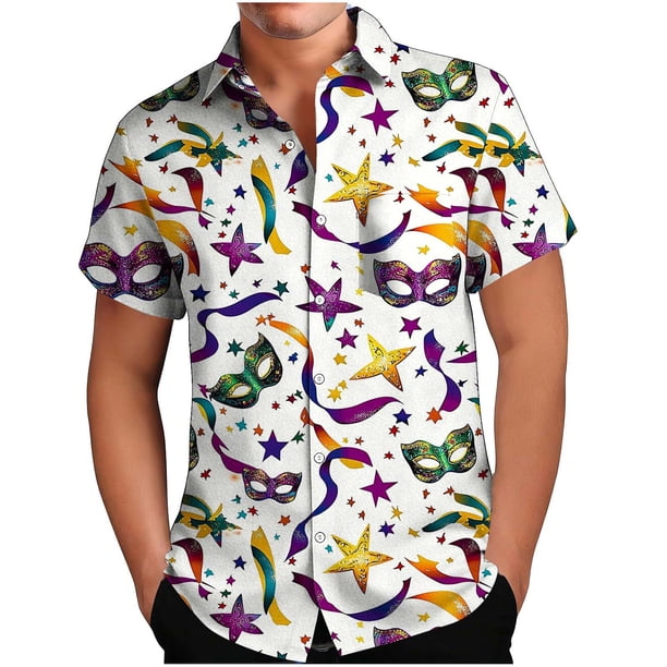 Mens Casual Botón Arriba Camisas de Manga Corta, Impresión de Carnaval Estilo de Lino Playa