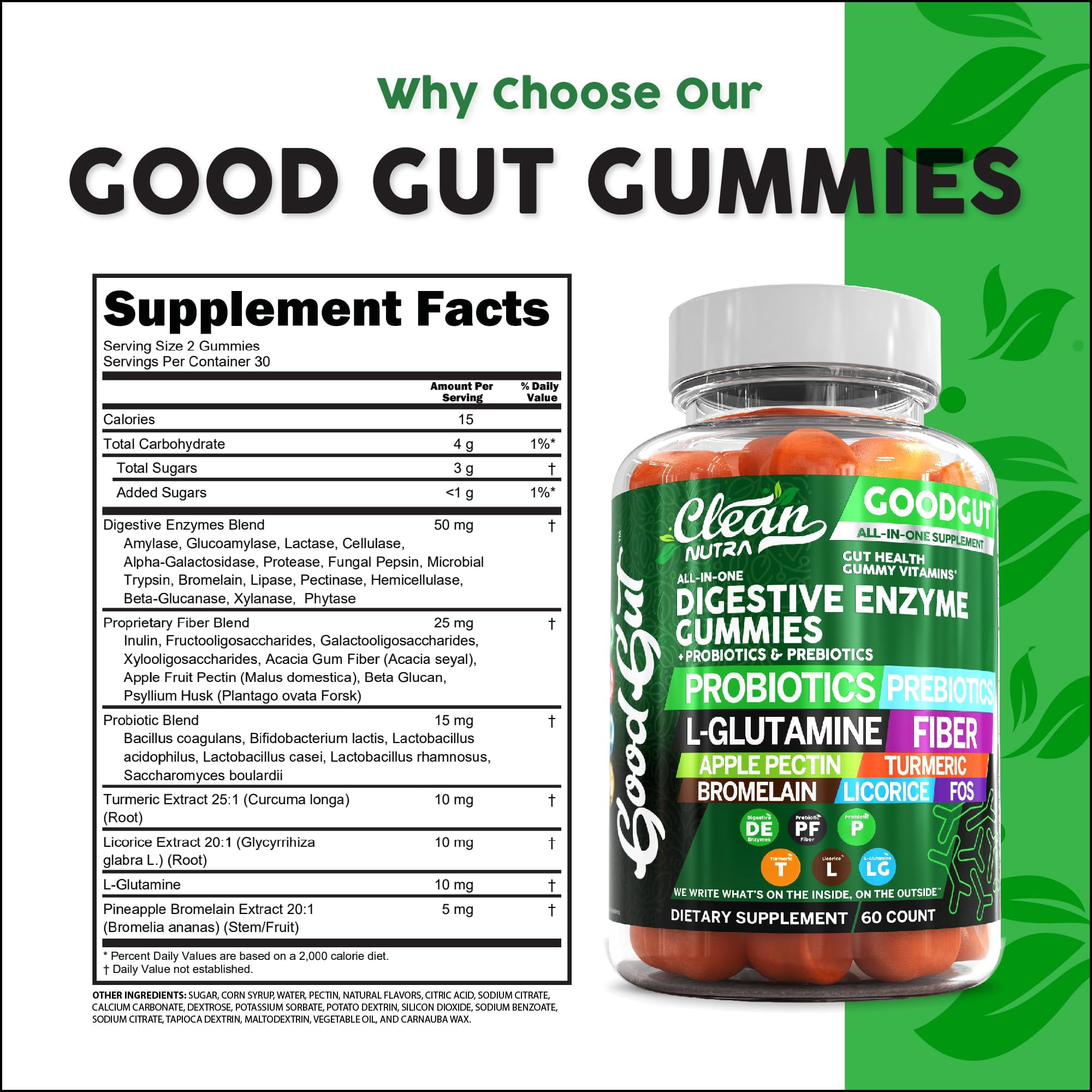 Clean Nutraceuticals Digestive Enzymes with Probiotics & Prebiotics for Digestive Health Gummies & L-Glutamine for Gut Health Bromelain Apple Pectin Inulin FOS Plant Based Vegan Gummy Vitamins