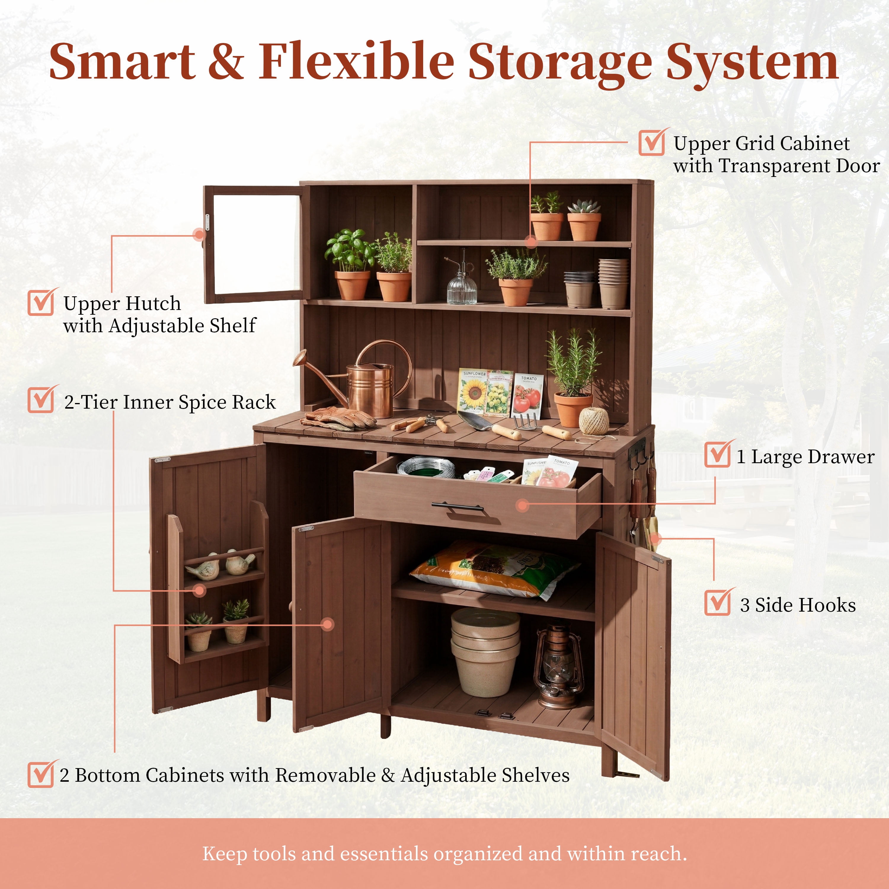 Mintazer 65" Outdoor Potting Bench with Drawer & Cabinets, Garden Workstation with Hutch & Spice Rack, Patio Kitchen Island with Adjustable Shelves & Side Hook, Brown