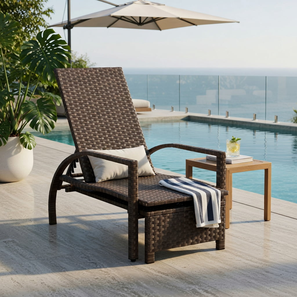 Hommoo Outdoor Wicker Chaise Lounge Chair with Retractable Ottoman, Adjustable 6-Position Backrest, PE Rattan & Steel Frame, Patio Lounger for Backyard, Poolside & Porch, Brown
