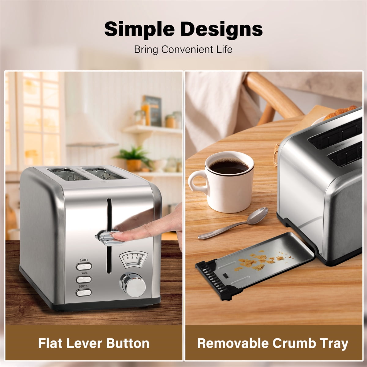 Long Slot Toaster 4 Slice Brushed Stainless Steel Toaster, 7 Toast Settings  with Bagel/Cancel/Defrost Functions, Toaster Warming Rack&Removable Tray