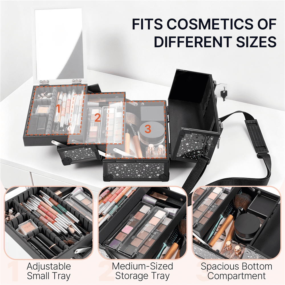 Renwick Portable Makeup Train Case with Mirror and 2 Trays, Black