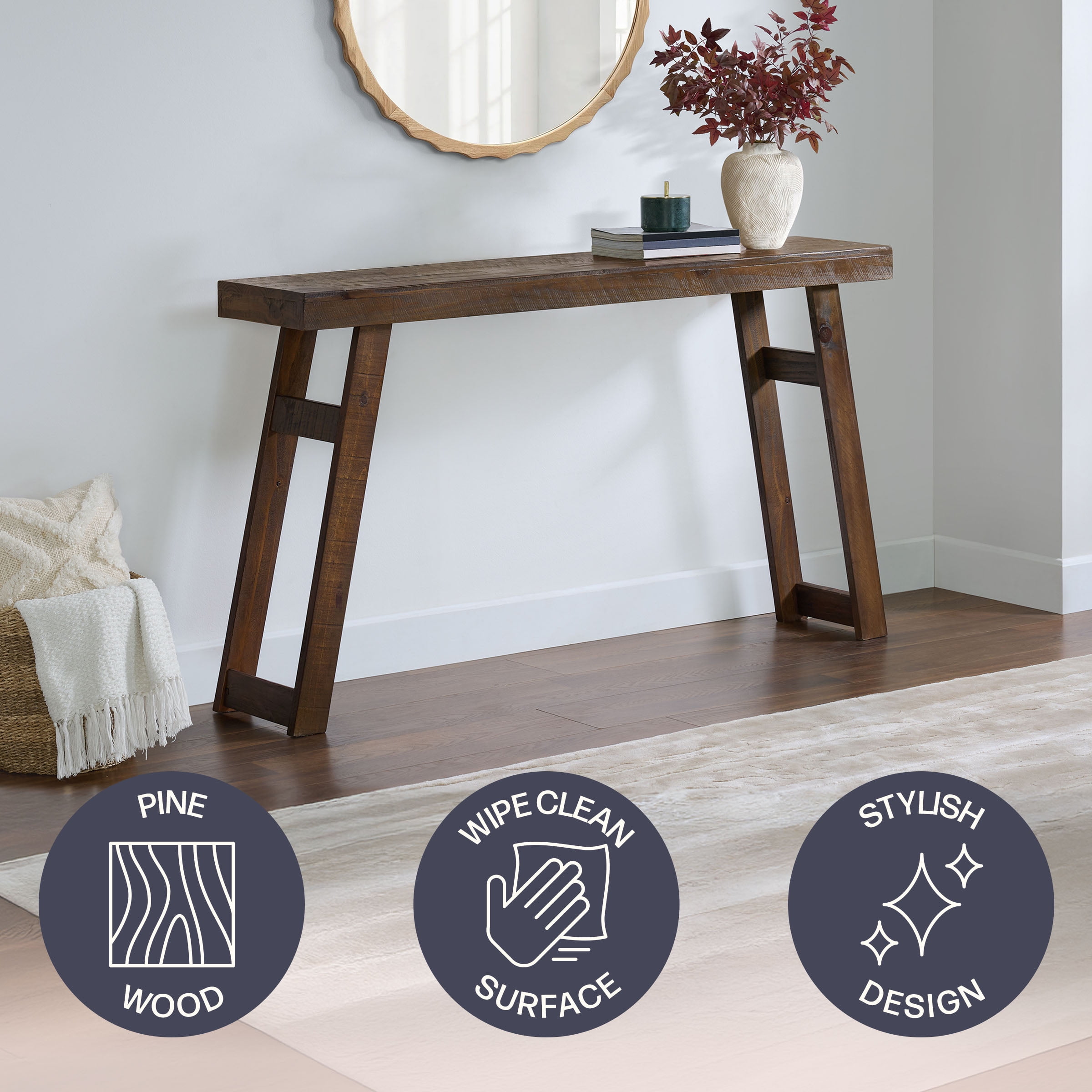 Alaterre Furniture Lawas Solid Wood Console Table - 56 Inch Modern Farmhouse Entryway Table, Brown