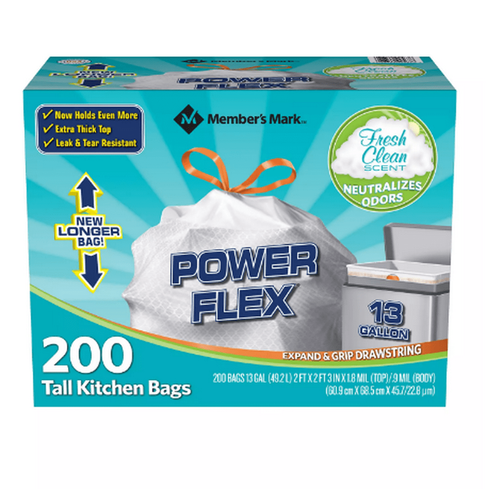 Power Flex Tall Kitchen Drawstring Trash Bags (13 Gallon, 2 Rolls of 100 ct., 200 count total