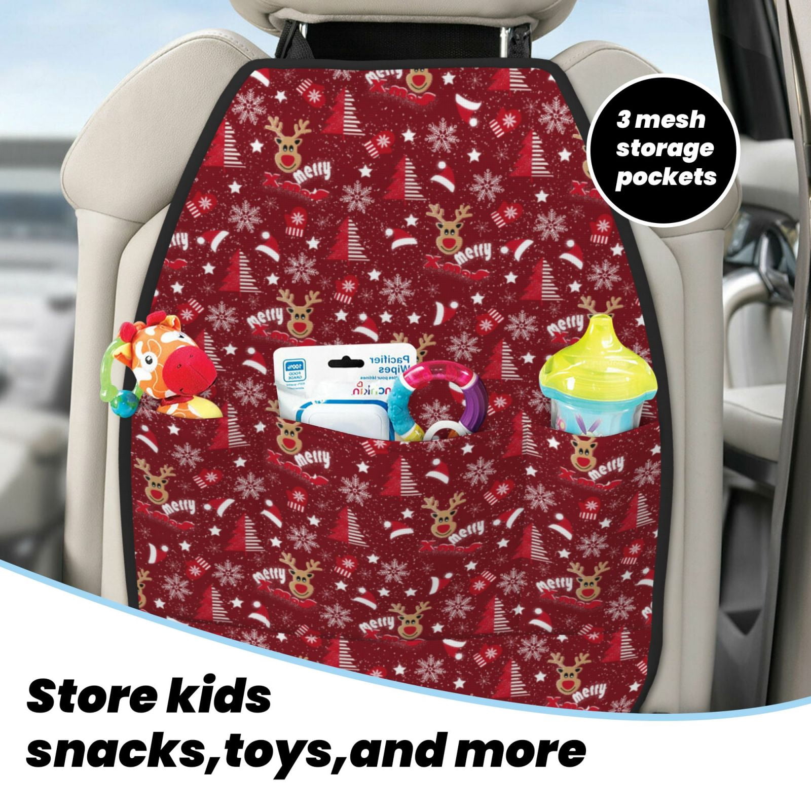 Kdxio Festive Reindeer Print 2 Pack Car Kick Mat Seat Cover Back Protector Mat with Pockets for Organizer Backseat Protector and Storage Anti Kick Pad for Vehicles