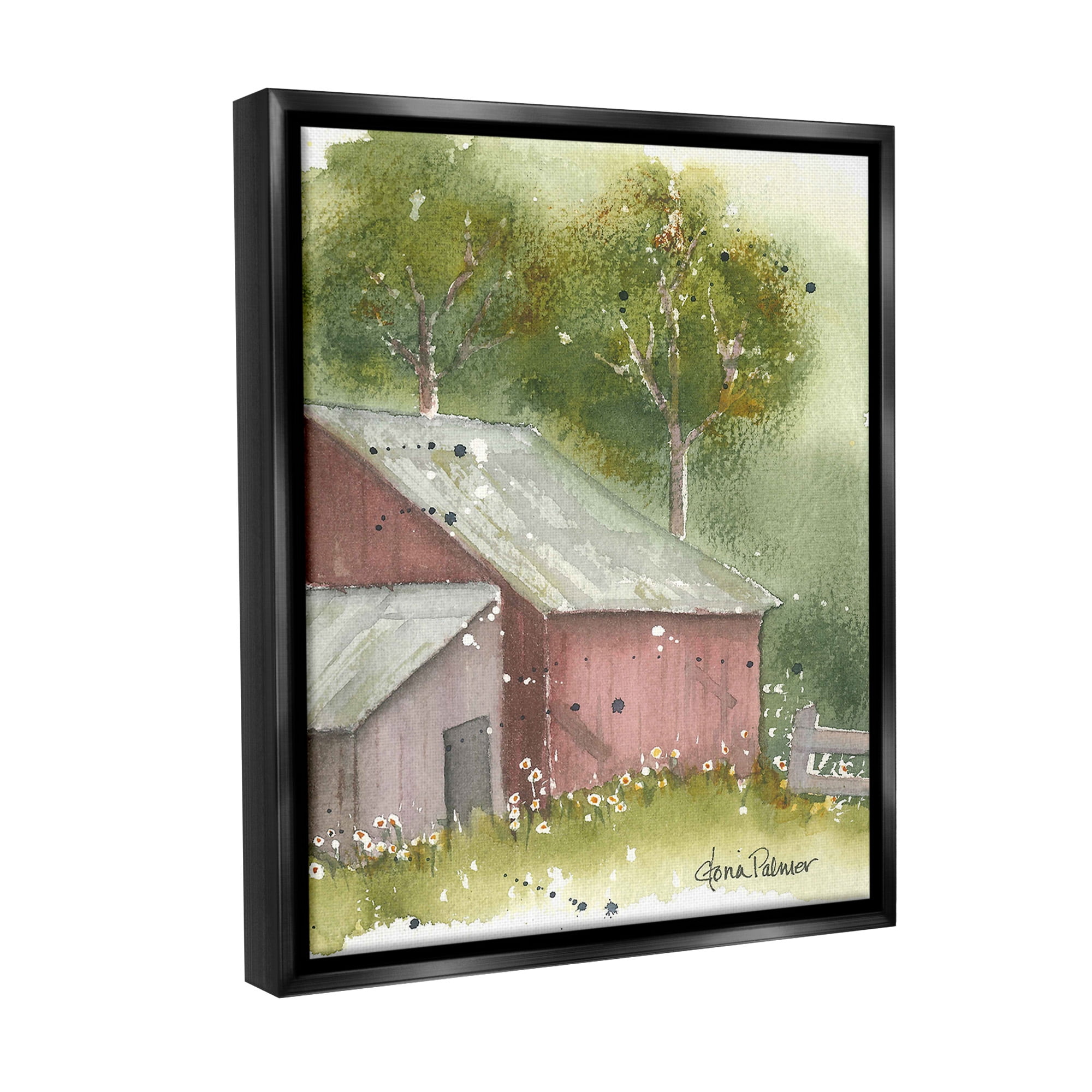 Stupell Industries Barn with Spring Florals Landscape Painting Black Floater Framed Canvas Art Print Wall Art, 17 x 21