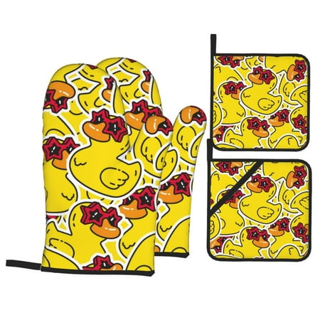 

Oven Mitts and Pot Holders Sets 4 pcs Duck with Star Sunglasses Non-Slip Oven Gloves Potholders Soft Quilted Lining Heat Resistant Gloves Hot Pads for Kitchen Cooking Baking