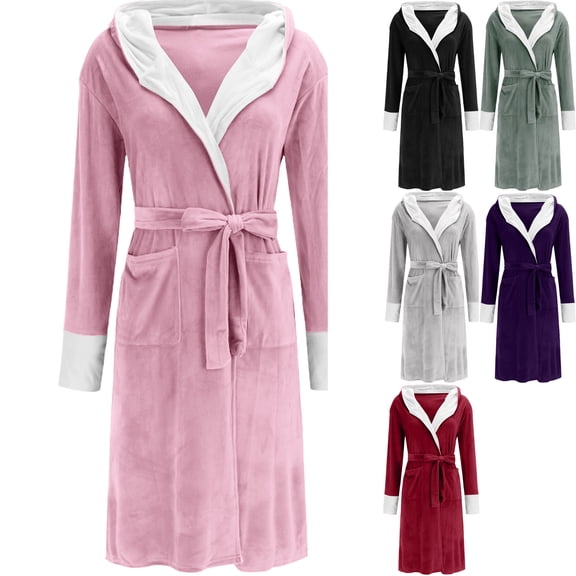 Womens Plus Robes Long Bathrobe Fleece Color Block Hooded House Coat Fall Winter Cozy Warm Soft Ladies Sleepwear Loungewear with Pockets, Pink, 4XL