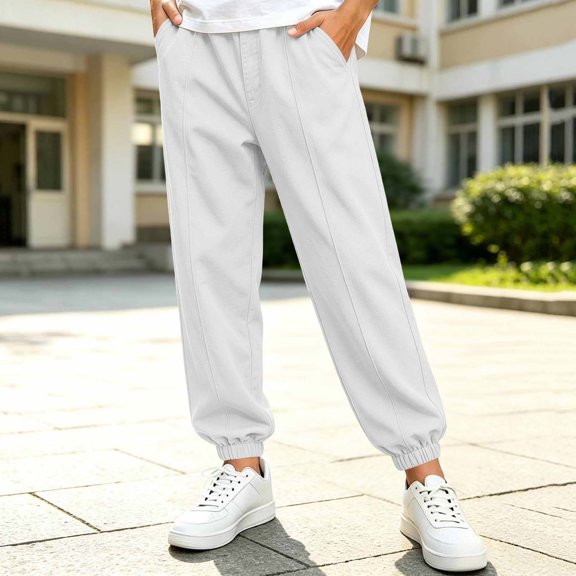 Boys Solid Joggers Wide Leg Elastic Waist Pants Teens Casual Loose Jogger Trousers with Pockets for Back to School White 9-10 Years