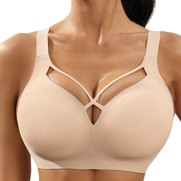 Iugvhana Push Up Bras for Women Wireless Full Coverage Bra Cutout Wide Strap Breathable Bra No Underwire Seamless Comfortable Bras Beige L