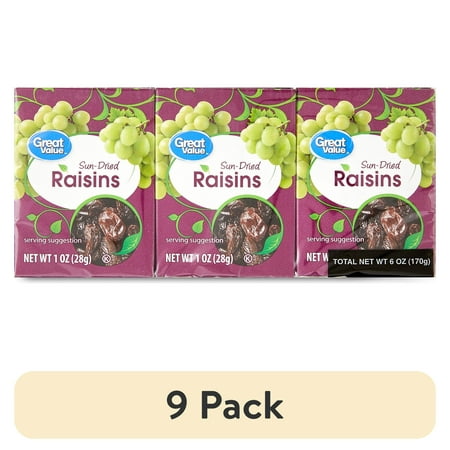 (9 pack) Great Value Sun-Dried Raisins 6 Pack, 6 - 1 oz (28g) Cartons