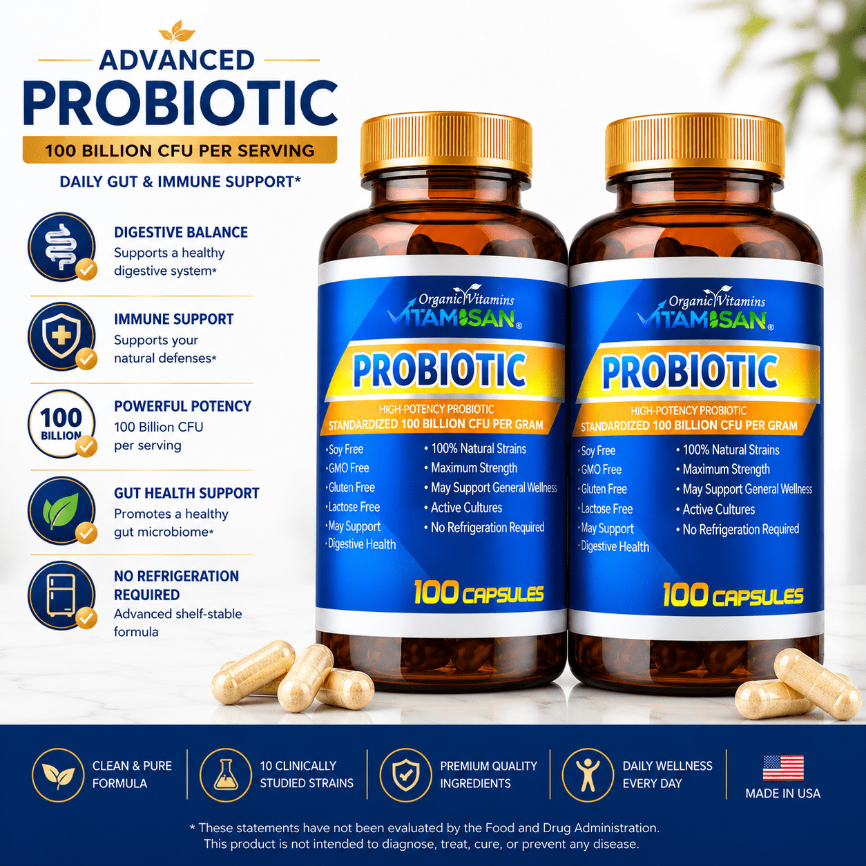 2 Bottles – Probiotic 100 Billion CFU + Plant Enzymes – 200 Caps – Advanced Digestive Support