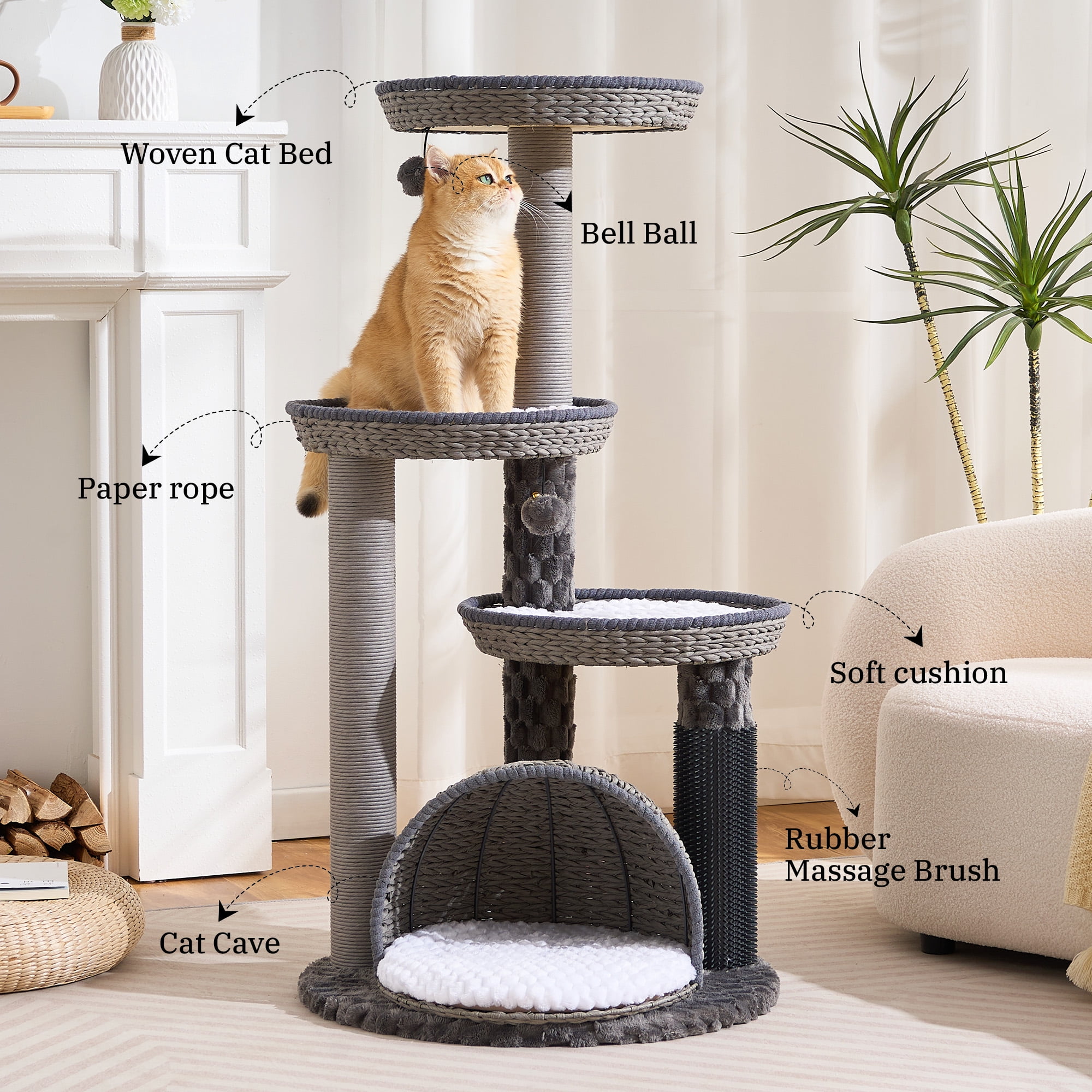 Wood Modern Cat Tree for Large Cat, 46" Tall Cat Tower with Sisal Scratching Posts, Cat Condo, Aesthetic Multi-Level Cat Climbing Tree with Hand-Woven Bed for Adult Indoor Cats-Blue