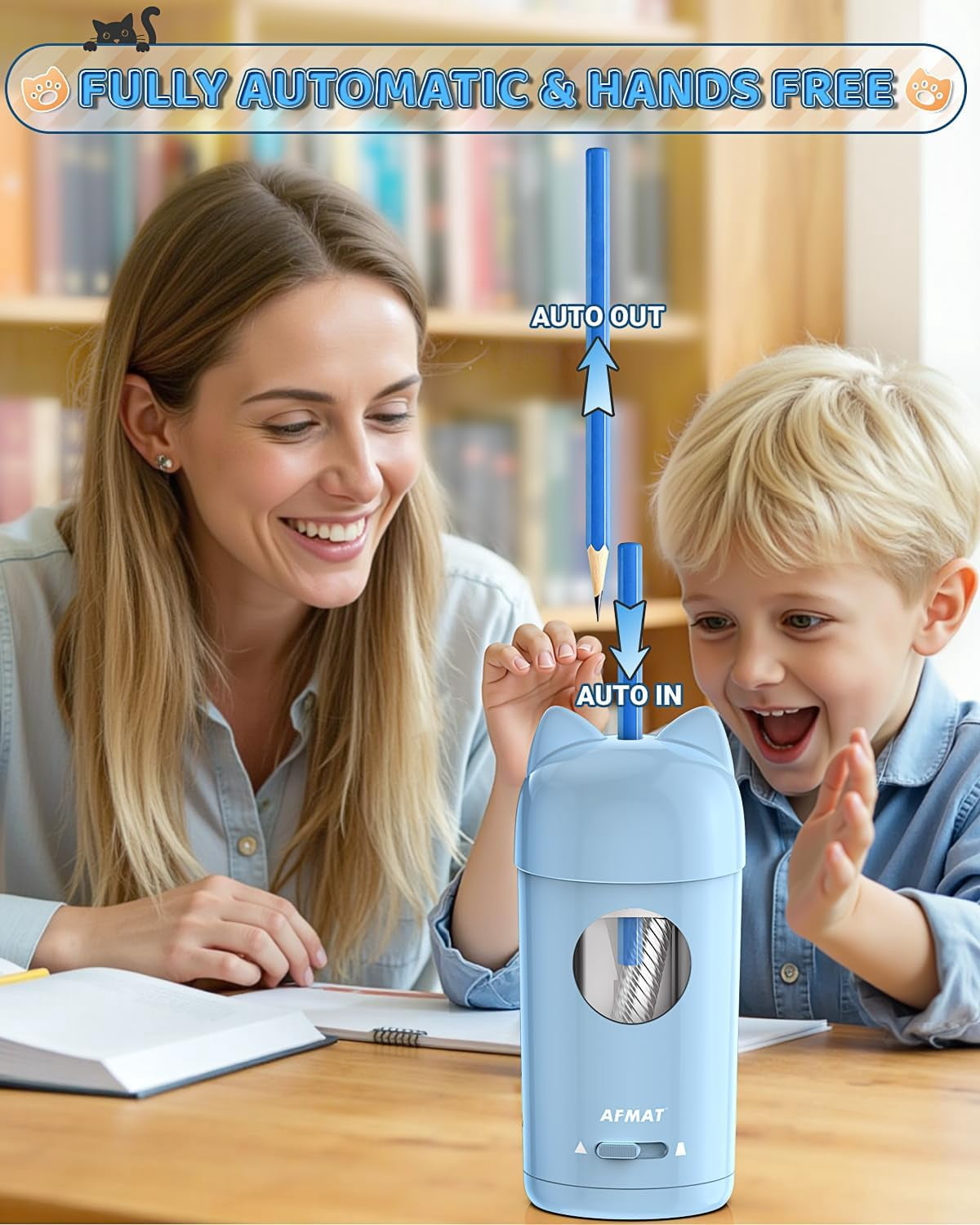 AFMAT Electric Pencil Sharpener, Fully Automatic Pencil Sharpener, Auto in & Out, for φ7-8mm No.2/Colored Pencils, Rechargeable & Cordless, Cute Cat Pencil Sharpeners for Classroom Home