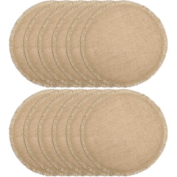 - Juego de 12 manteles individuales redondos y trenzs, para mesas de comedor, 38 cm, resistentes al calor, de yute, tela tejida natural para decoración, con borla (círculo de cordel)