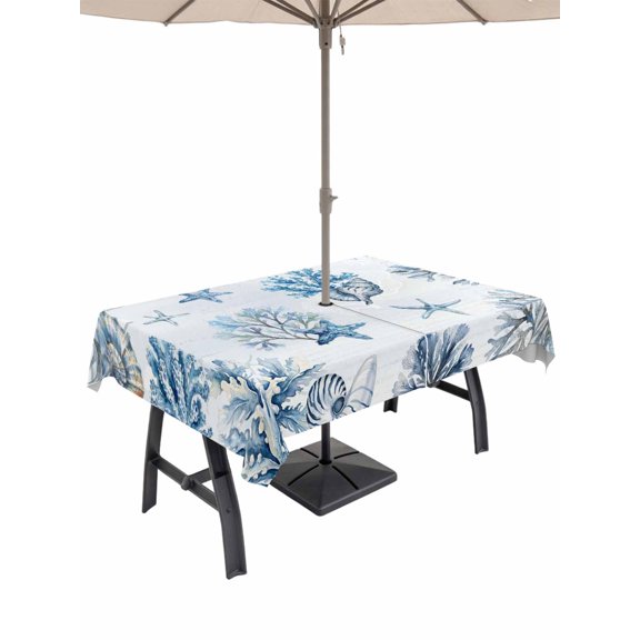 Outdoor Tablecloth with Umbrella Hole for Patio/Picnic/Party/Camping, Blue Coastal Waterproof Table Cloth Rectangle Table Cover Washable, Summer Retro Ocean Sea Corals Starfish Shells (60"x 102")