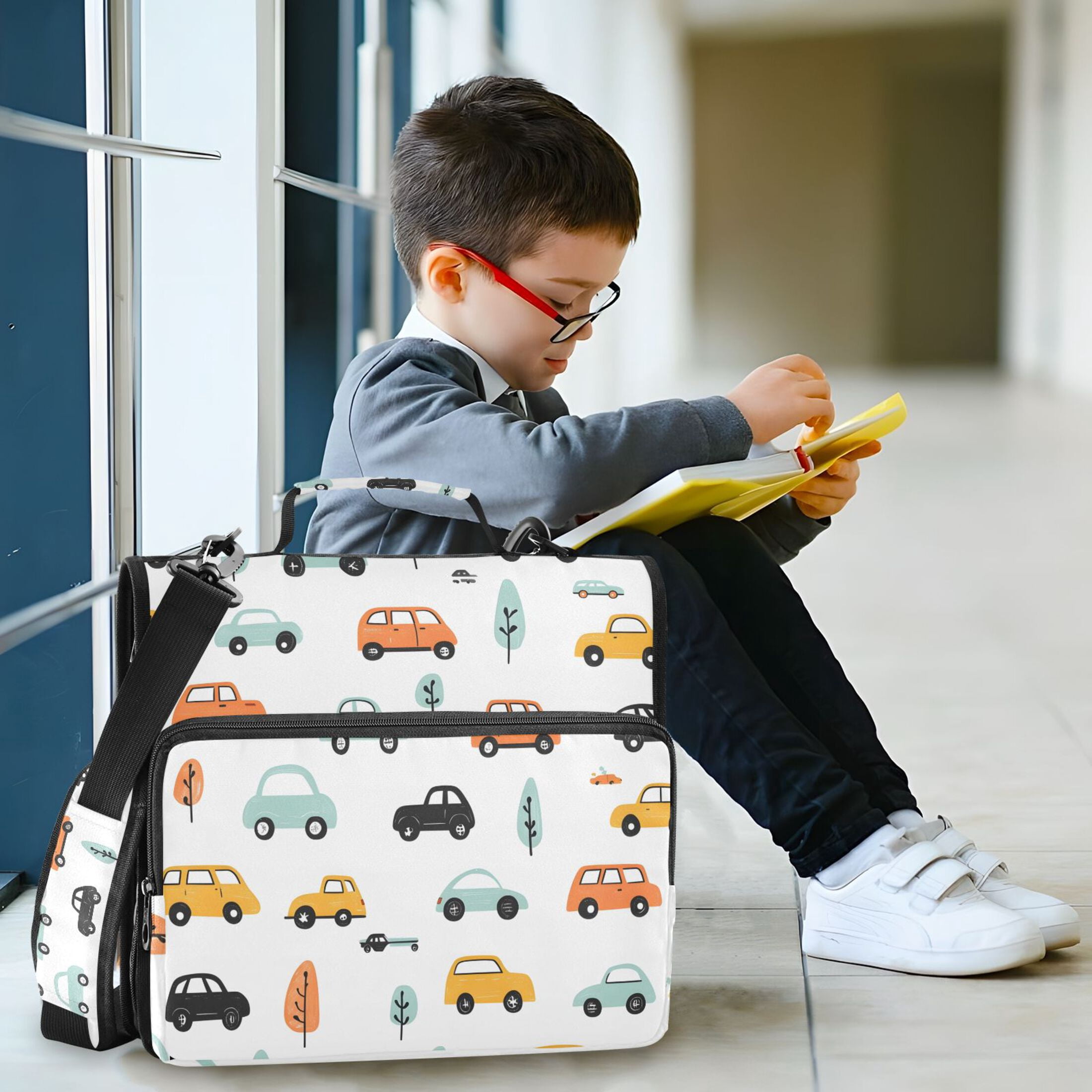 3 Ring Zipper Binder with Shoulder Strap Waterproof Trapper Keeper 2 Inch D-Ring 500 Sheets Capacity Cartoon Cars and Tree
