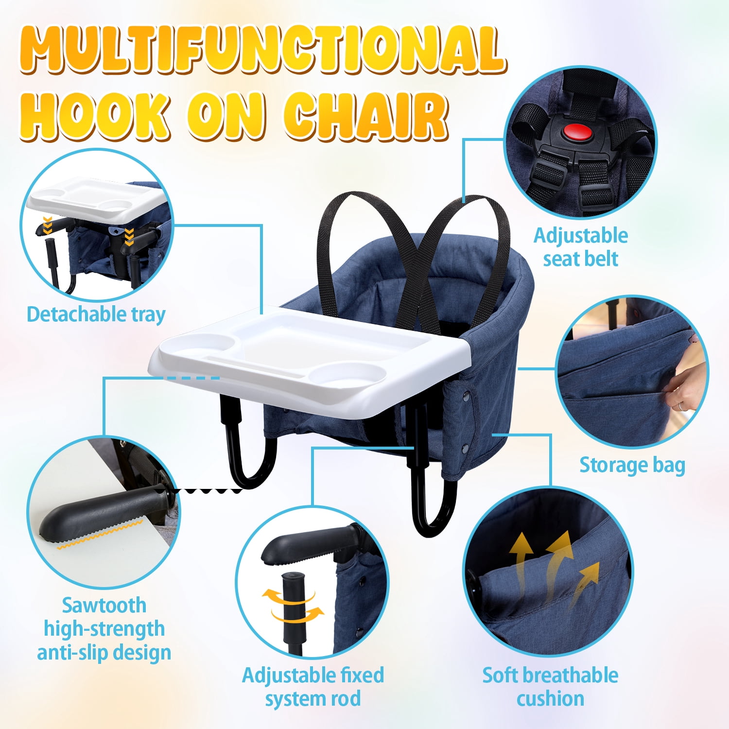 WonderStone Hook On Chair, Portable High Chair with Tray, Storage Bag & Free Accessories, Clip-On Table Chair for Baby and Toddler, Ideal for Home and Travel, Blue