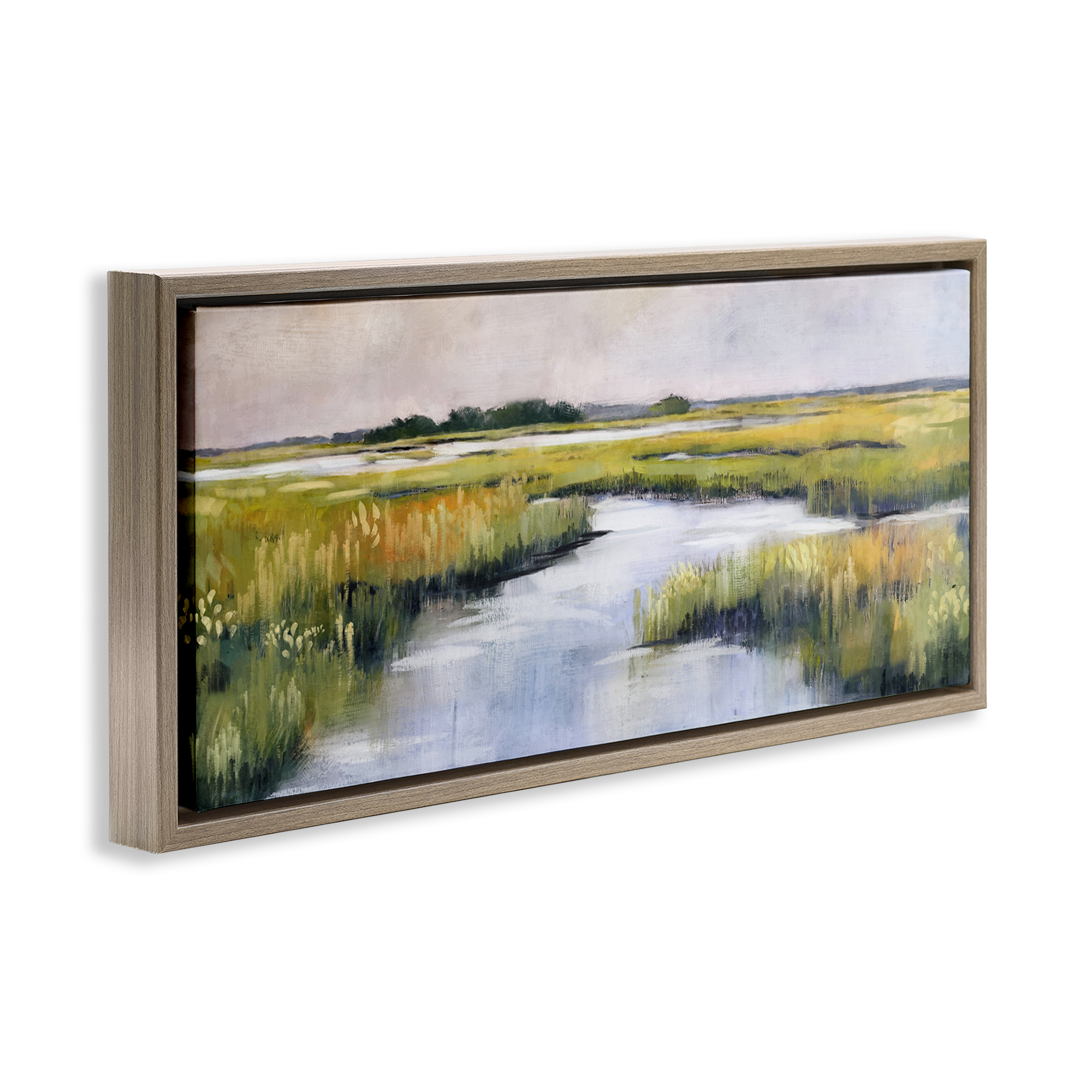 Stupell Industries Grassy Rural Marshlands Landscape & Nature Painting Brown Floater Framed Canvas Art Print Wall Art, 25 x 11