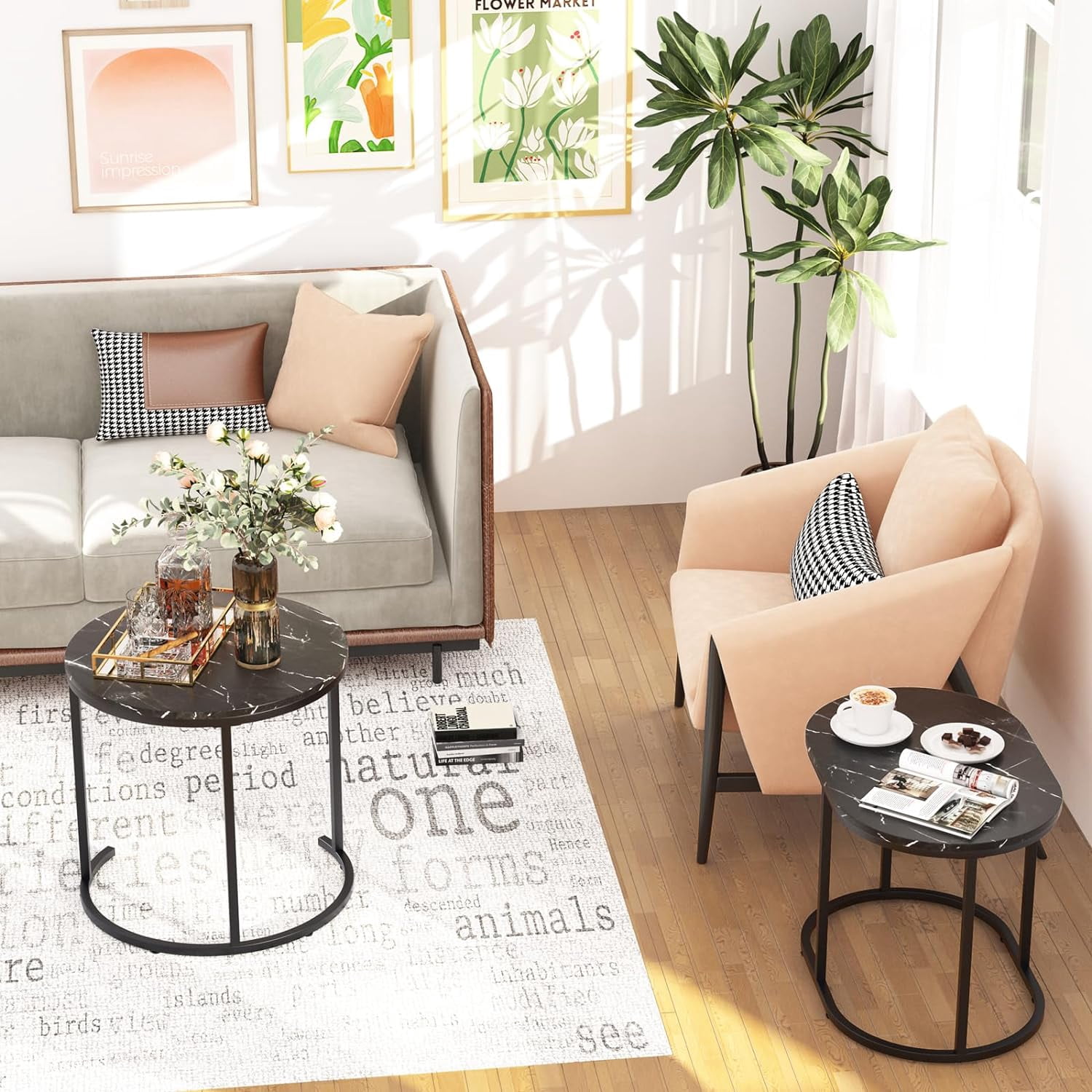 aboxoo Nesting Coffee Table Set of 2 Modern Round Black Faux Marble Wood Table,Side Table Gold Metal Frame Oval End Table Small Space for Living Room,Bedroom,Studio Apartment Essential