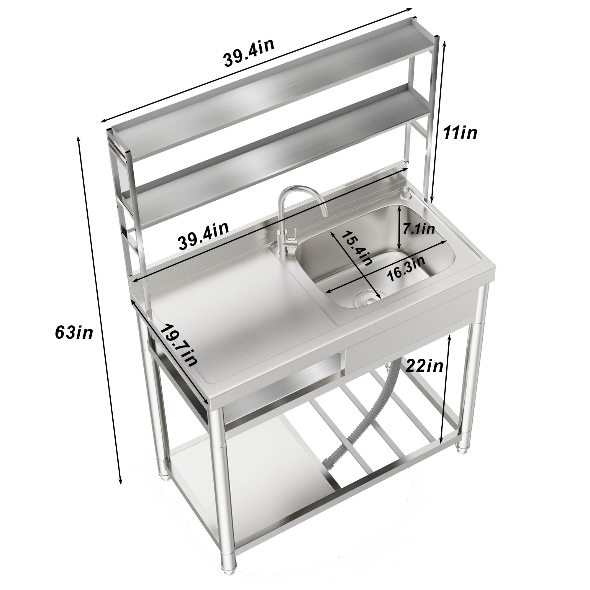 Stainless Steel Utility Sink, 39.4'' Free Standing Commercial Single Bowl Sink with Shelves & Cold and Hot Water Pipe, Laundry Tub for Garage Kitchen - Right Bowl