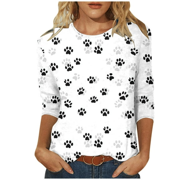 TKLPEHG Womens 3/4 Sleeve T Shirts Crew Neck Three-quarter Sleeve Tshirt Fashion Casual Loose Dog Paw Print Graphic Tee Summer Cute Comfy Outfits (Dark Gray,L)