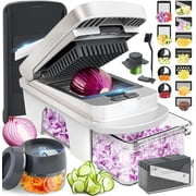 Mueller Pro-Series All-in-One, 12 Blade Slicer for Kitchen, Food Chopper, Vegetable Slicer and Spiralizer, Cutter, Dicer, Grater, Kitchen Gadgets Sets with Container, White Sand/Gray