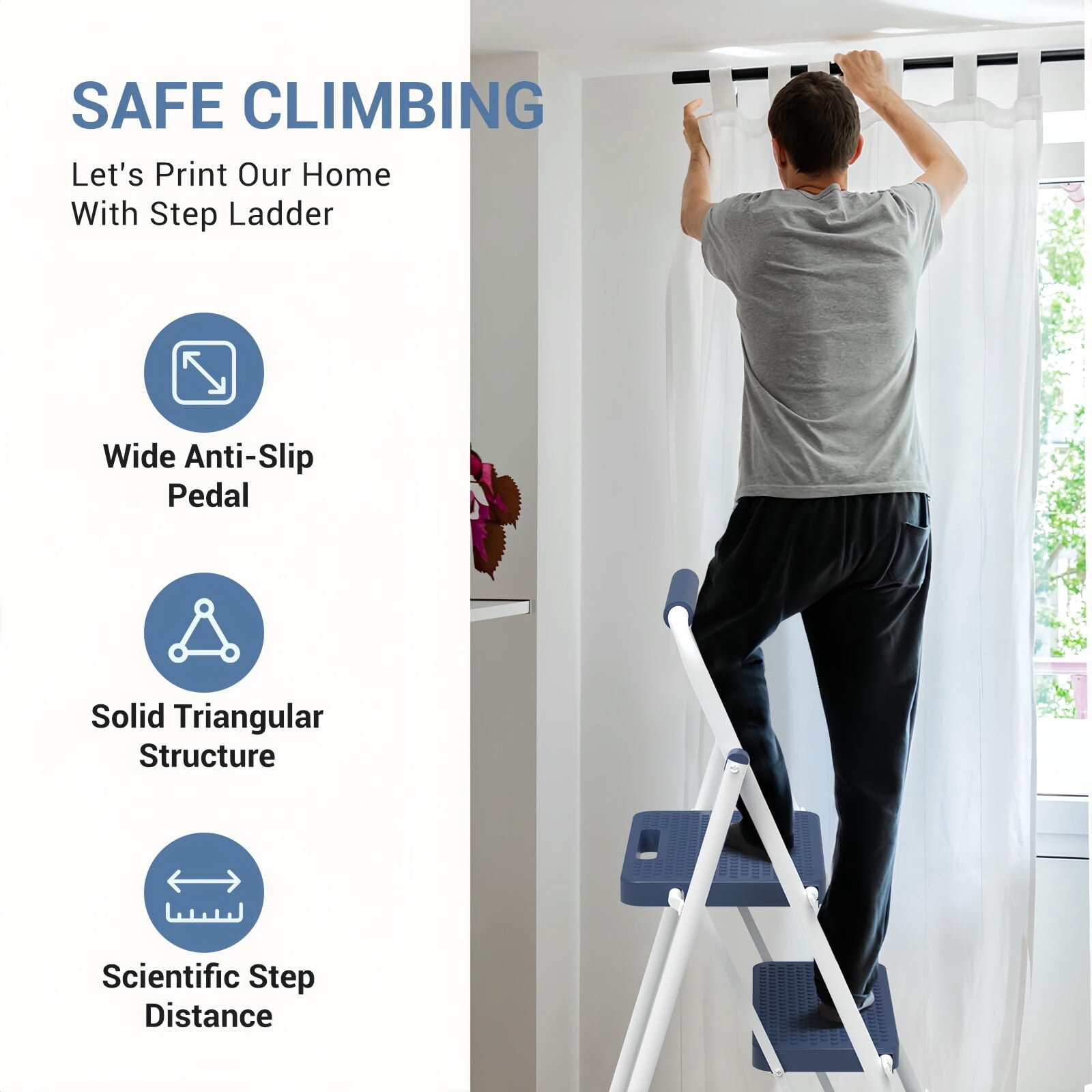 Kelno 2 Step Ladder 800Lbs Capacity Folding Step Stool with Anti Slip Pedals Safety Handrail, Blue White
