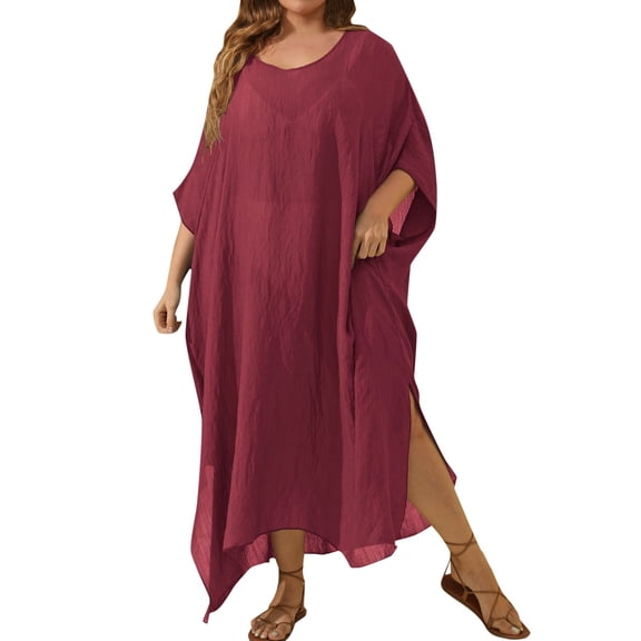 Women's Plus Size Swim Cover Ups Lightweight 3/4 Sleeve Solid Color Sheer Mesh Dress Summer Beach Relaxed Fit Bathing Suits