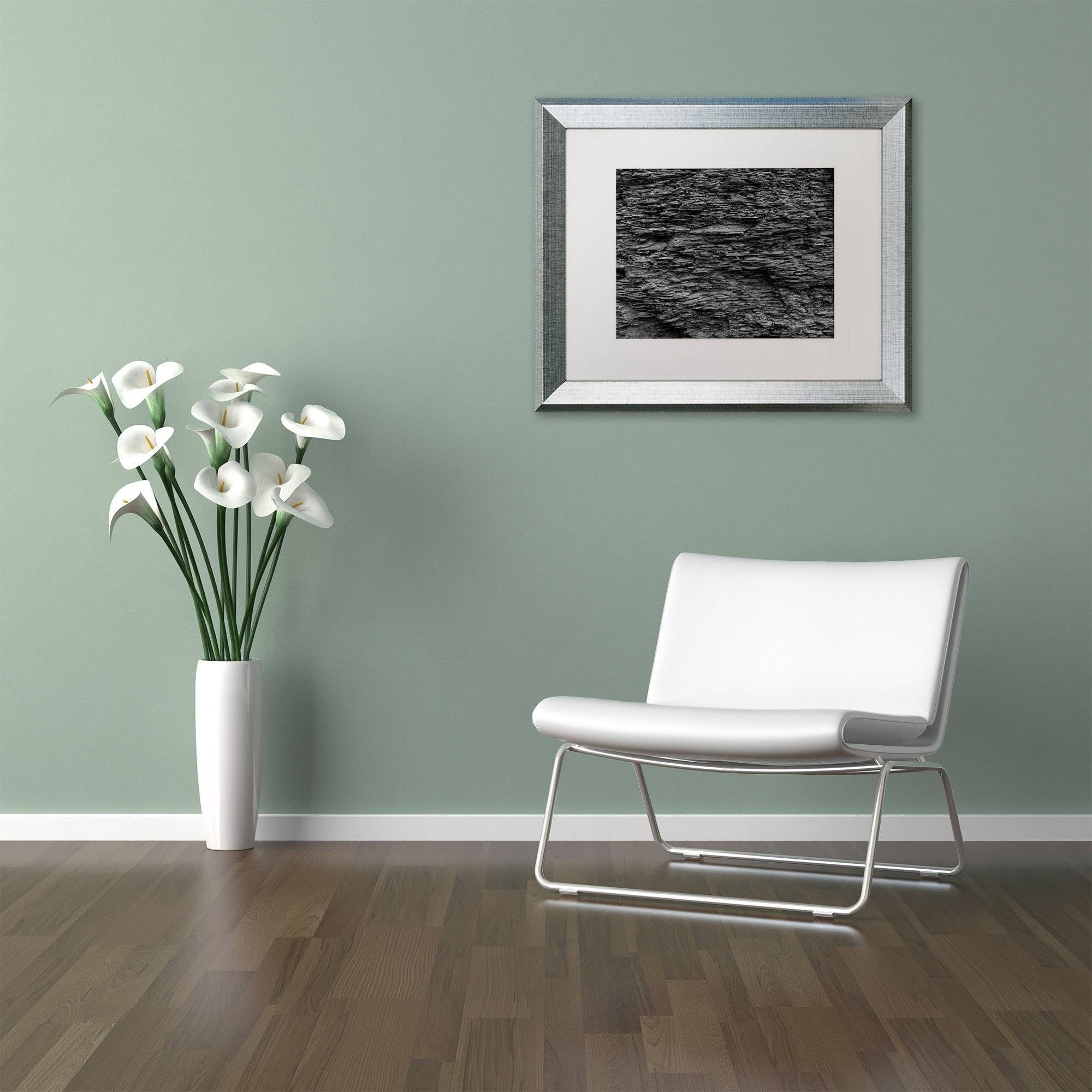 Trademark Fine Art "Shale Abstract in Black and White" Canvas Art by Kurt Shaffer, White Matte, Silver Frame