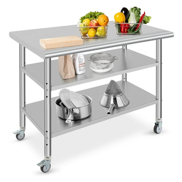 Kojooin Table de Travail en Acier Inoxydable avec Roulettes, Table de Préparation de Cuisine Robuste avec Tablette Inférieure Réglable pour Usage Commercial
