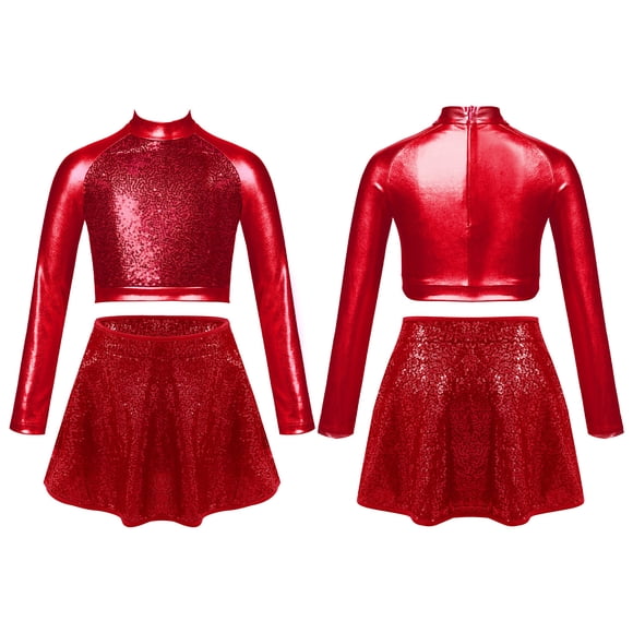 Aislor Ensemble Disco pour Fille 2 Pcs Crop Top de Danse Ballet avec Jupe Ensemble de Danse Hip Hop Jazz Latine Rouge 14