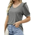 thumbnail image 3 of ORQ Women Casual V-neck Bubble Sleeve Solid T-shirt Top, 3 of 4