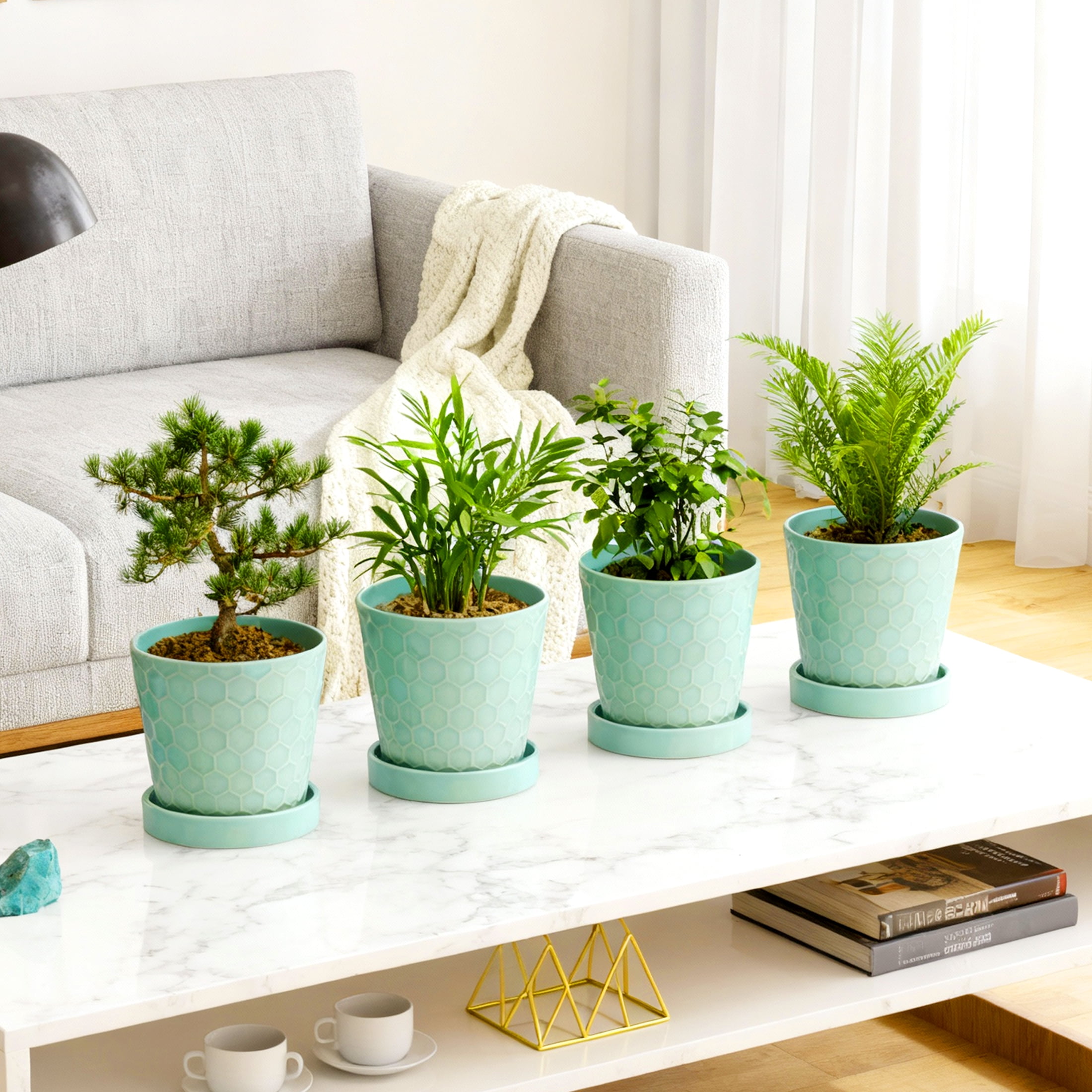 BUYMAX 5" Ceramic plant pots with drainage hole and tray, 4-Pack-1-pattern, gardening home desktop office windowsill decoration， mintgreen flower pots indoor