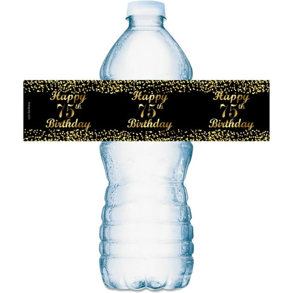 75th Birthday Black Water Bottle Labels; Set of 20 Waterproof Water Bottle Wrappers; Gold and Black Stickers. Happy Birthday Labels