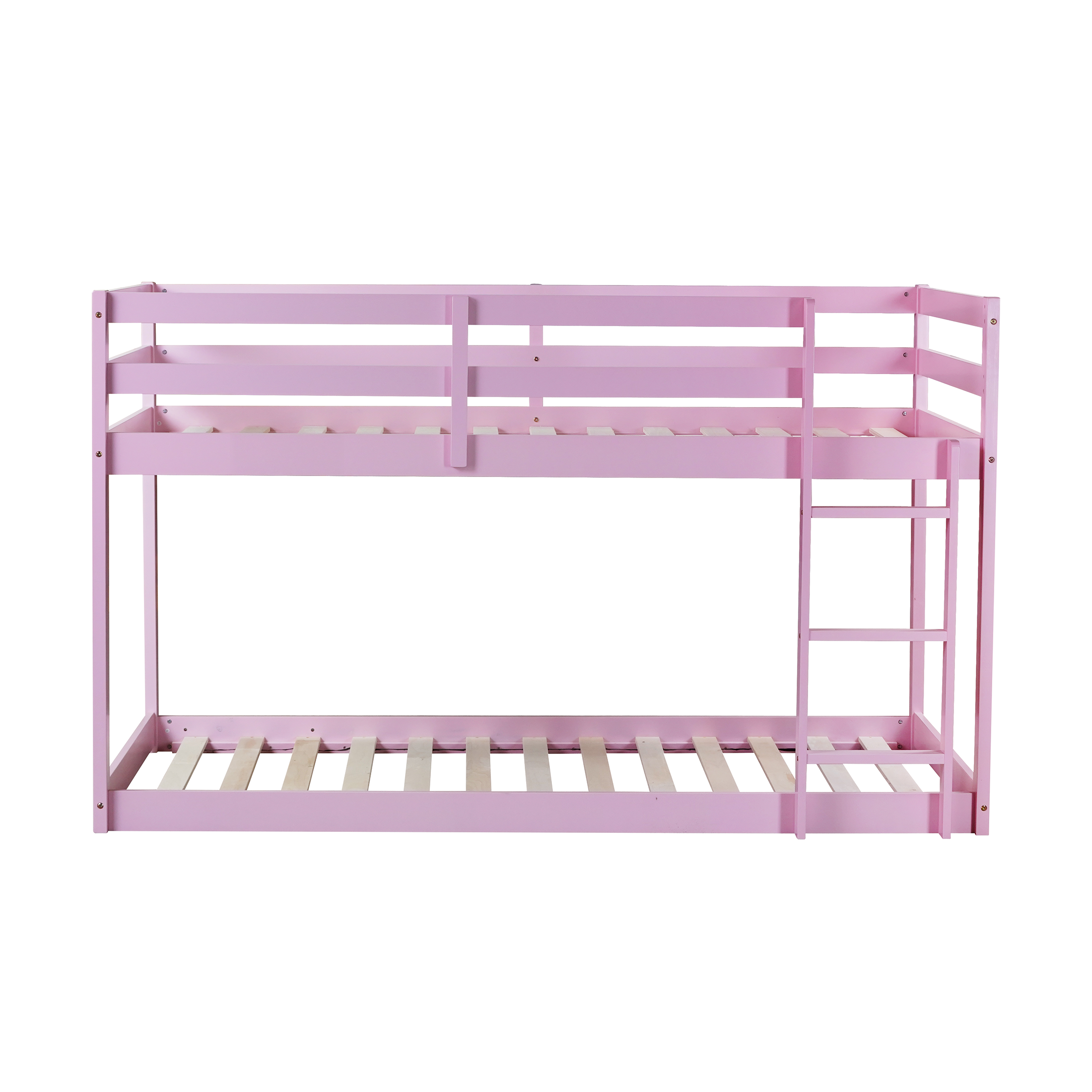 PORKISS Bunk Bed Twin Over Twin, Low Floor Bunk Bed for Kids with Guard Rails for Dorm, Small Space, No Box Spring Needed, Pink