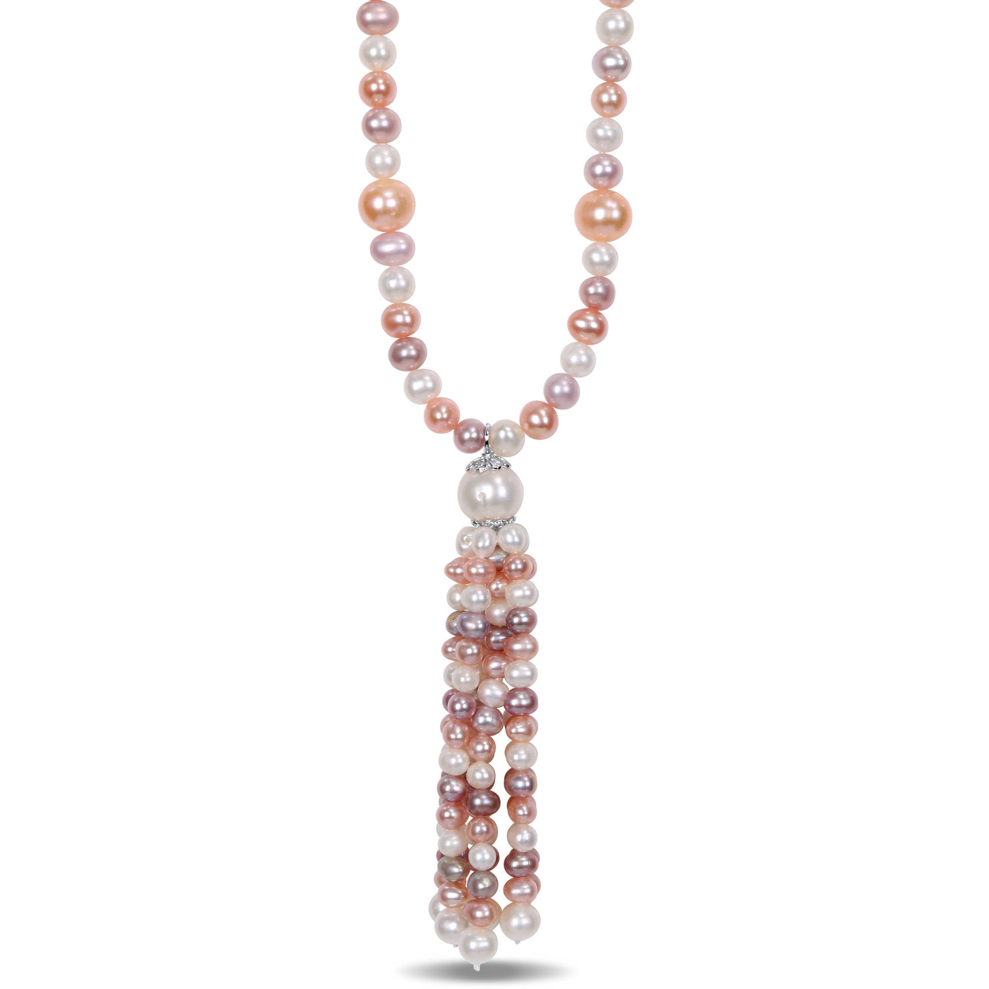 Tangelo 4-11mm White, Pink and Peach Cultured Freshwater Pearl Sterling Silver Tassel Necklace, 30" by Tangelo
