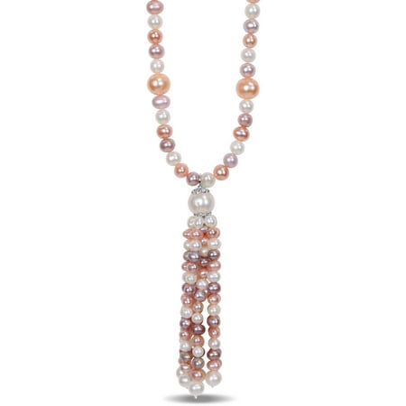 Tangelo 4-11mm White, Pink and Peach Cultured Freshwater Pearl Sterling Silver Tassel Necklace, 30