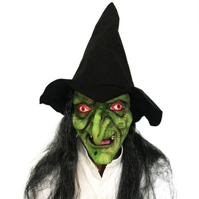 Sombrero de Halloween máscara de bruja aterradora divertida capucha de látex de cara completa (el sombrero de pelo de la máscara está cosido, guantes no incluidos)