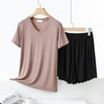 thumbnail image 2 of 2 Piece Pajamas Set Modal Cotton Short Sleeve V Neck Top with Ruffled Shorts Womens Soft Pjs Outfits Loose Sleepwear (2XL, Pink+Black), 2 of 6