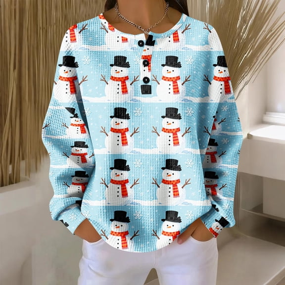 Women's Casual Christmas Print Waffle Henley Shirt Long Sleeve Top Button Up V Neck Loose Knit Fall Winter Favorite Blouse,Blue,XL